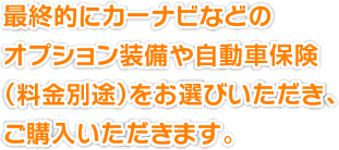 最終的にカーナビなどのオプション装備や自動車保険（料金別途）をお選びいただき、ご購入いただきます。
